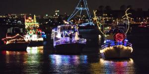 Decorated boats sailing at night