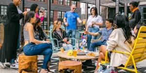 A group of people gathered on the patio