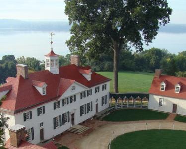 An aerial view of the red-roofed George Washington's Mount Vernon in Fairfax, Virginia, USA.